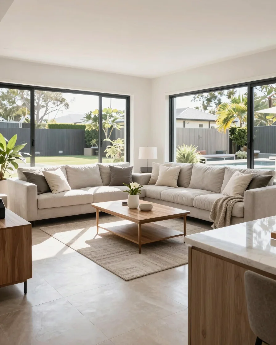 Bright editorial photograph of a sunlit contemporary Australian living room after cleaning, showing polished surfaces an