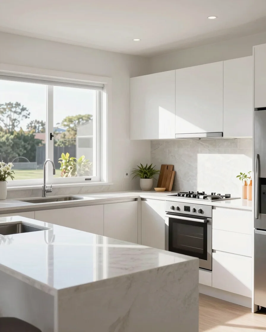 Sunlit contemporary Australian kitchen with sparkling countertops